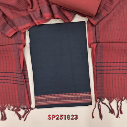 Black handloom cotton unstitched salwar material, thread woven borders (Lining Needed) Maroon cotton bottom, Handloom cotton checkered dupatta with borders. SP251823
