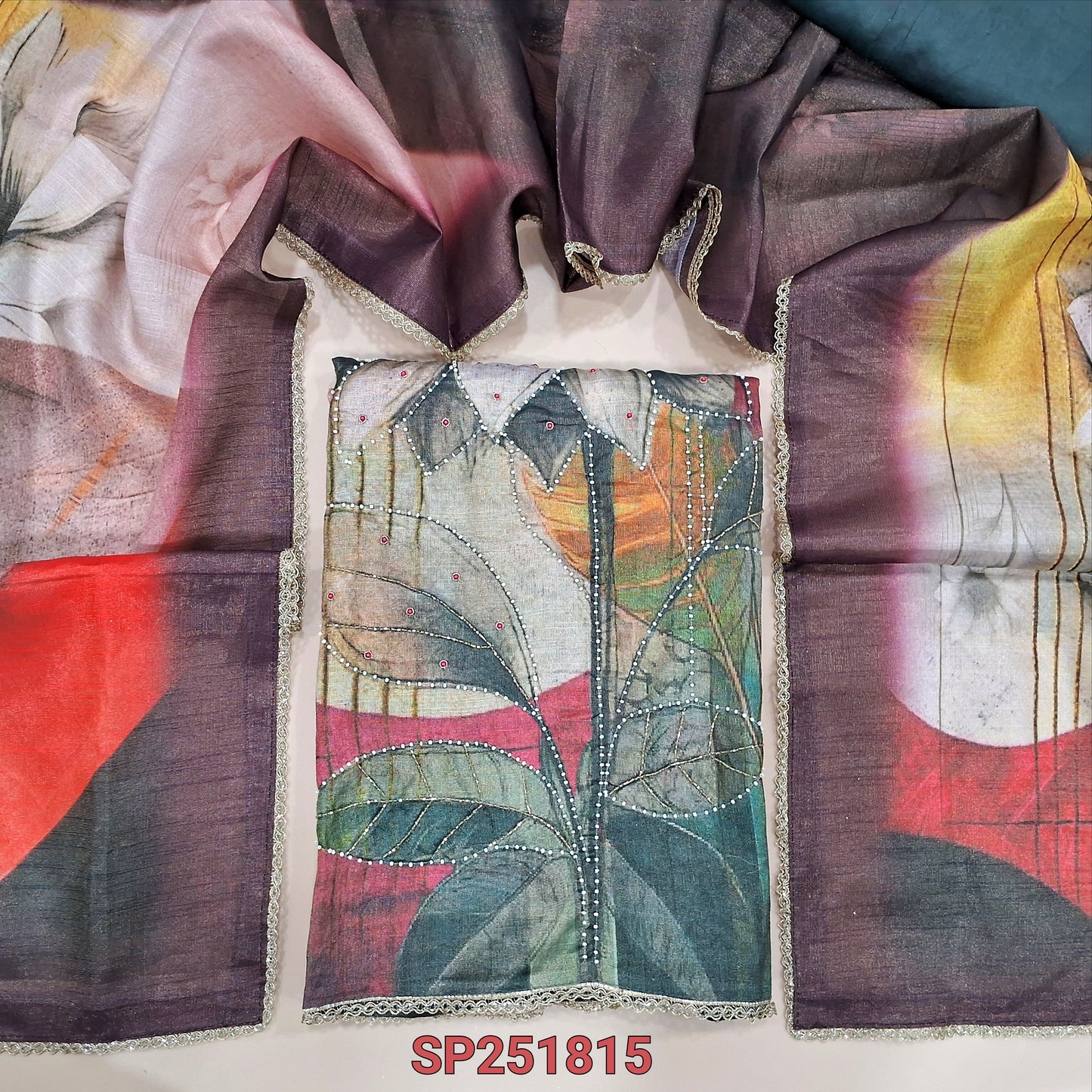 Multicolor with gold tint soft premium tissue silk cotton unctitched salwar material, printed highlighted with bead work (Textured, Lining Needed) Dark Grey santoon bottom, short width abstract printed tisse silk cotton dupatta. SP251815