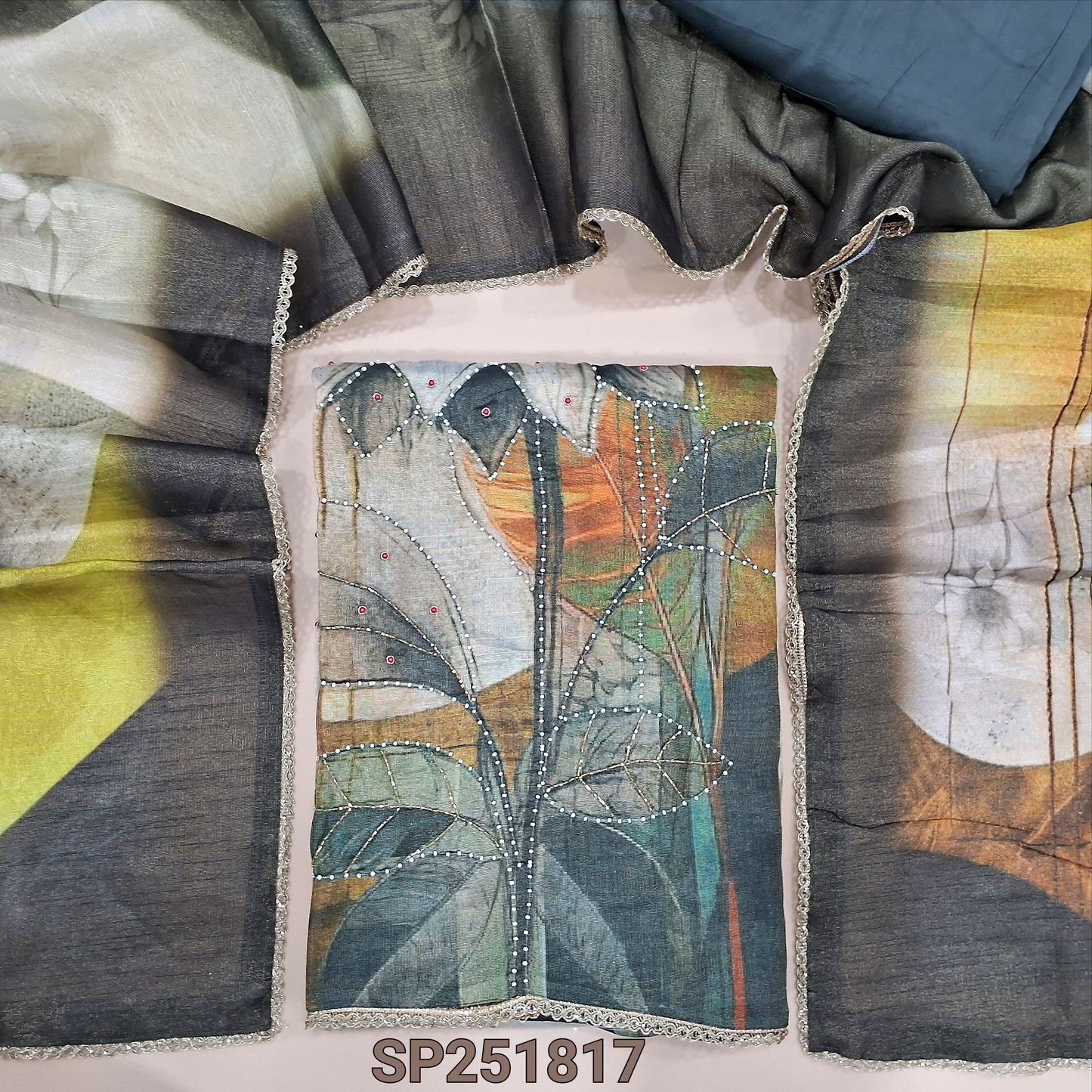 Multicolor with gold tint soft premium tissue silk cotton unctitched salwar material, printed highlighted with bead work (Textured, Lining Needed) Dark Grey santoon bottom, short width abstract printed tisse silk cotton dupatta. SP251817