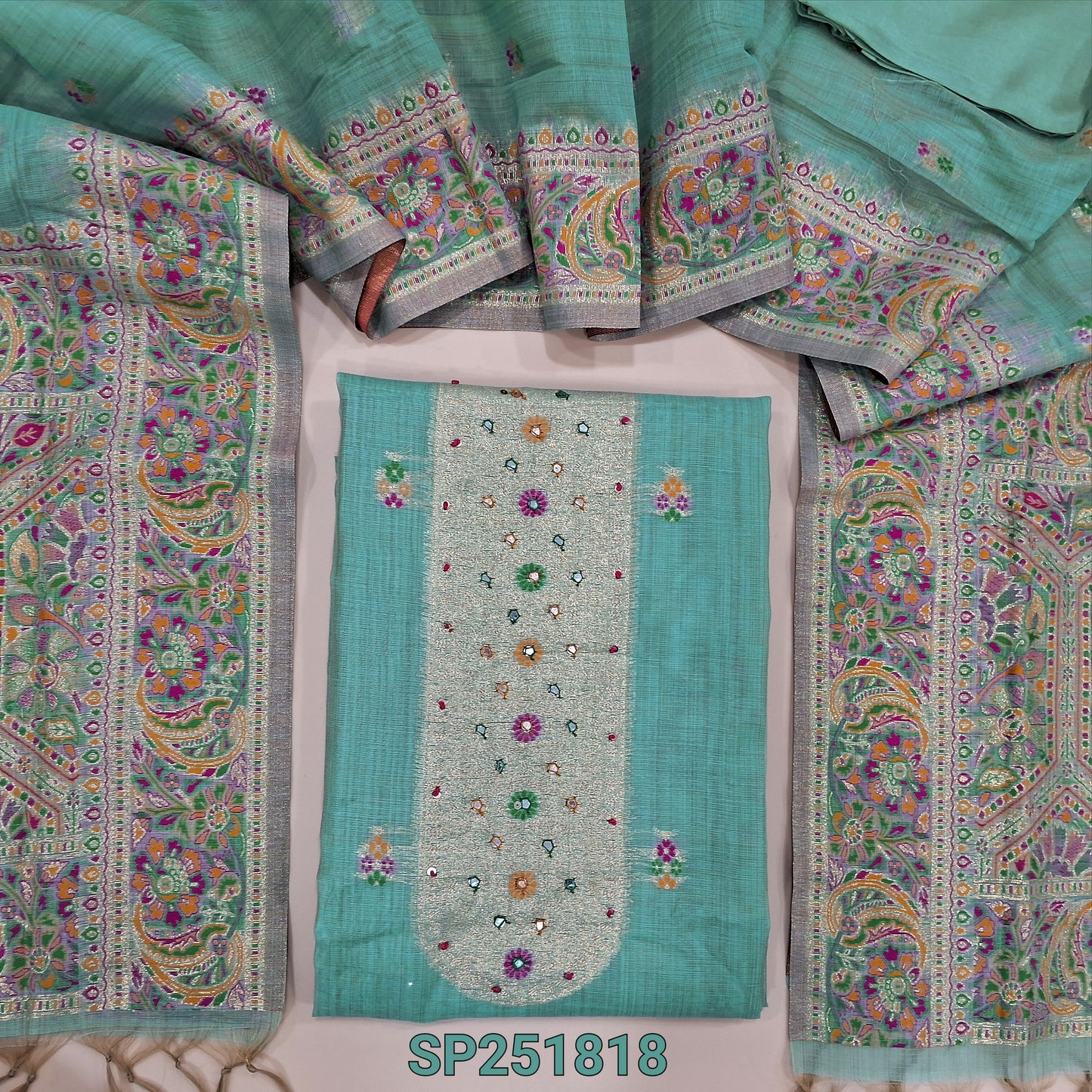 Pastel Blue jamdani woven premium soft silk cotton unstitched salwar material with meenkaari work on yoke and daman with faux mirror work (Thin, Lining Needed) matching santoon bottom, jamdani woven dupatta with meenakaari work on borders. SP251818