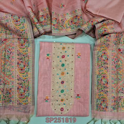 Peachish Pink jamdani woven premium soft silk cotton unstitched salwar material with meenkaari work on yoke and daman with faux mirror work (Thin, Lining Needed) matching santoon bottom, jamdani woven dupatta with meenakaari work on borders. SP251819