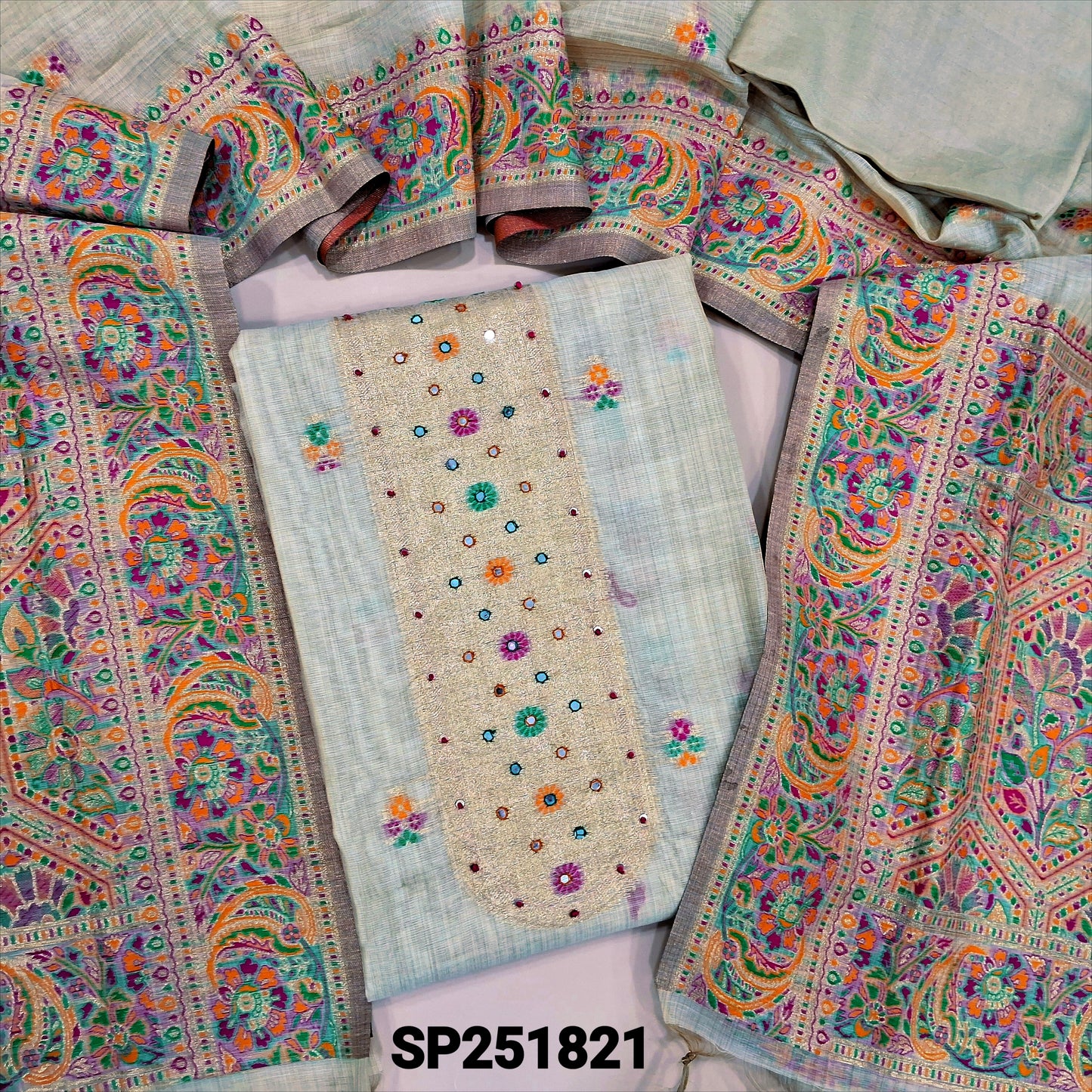 Rich Beige jamdani woven premium soft silk cotton unstitched salwar material with meenkaari work on yoke and daman with faux mirror work (Thin, Lining Needed) matching santoon bottom, jamdani woven dupatta with meenakaari work on borders. SP251821