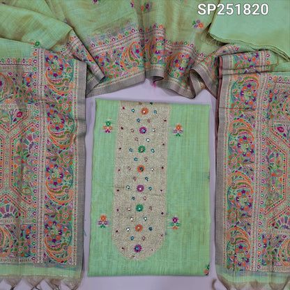 Pastel Green jamdani woven premium soft silk cotton unstitched salwar material with meenkaari work on yoke and daman with faux mirror work (Thin, Lining Needed) matching santoon bottom, jamdani woven dupatta with meenakaari work on borders. SP251820
