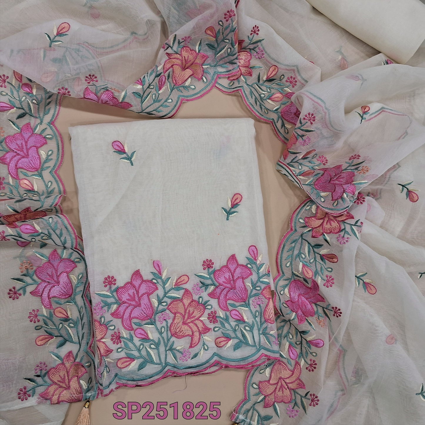 Half White embroidered mul chanderi unstitched salwar material (Thin, Lining Needed) matching santoon bottom, mul chanderi short width embroidered dupatta. SP251825