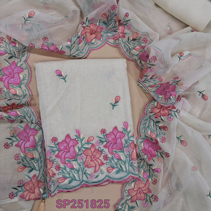 Half White embroidered mul chanderi unstitched salwar material (Thin, Lining Needed) matching santoon bottom, mul chanderi short width embroidered dupatta. SP251825