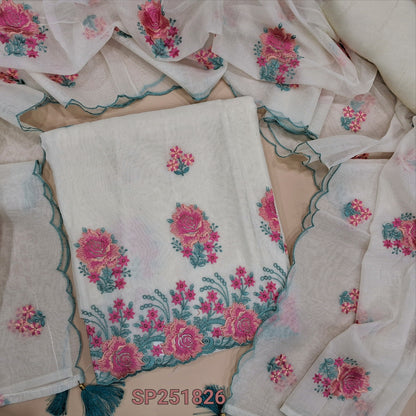 Half White embroidered mul chanderi unstitched salwar material (Thin, Lining Needed) matching santoon bottom, mul chanderi short width embroidered dupatta. SP251826
