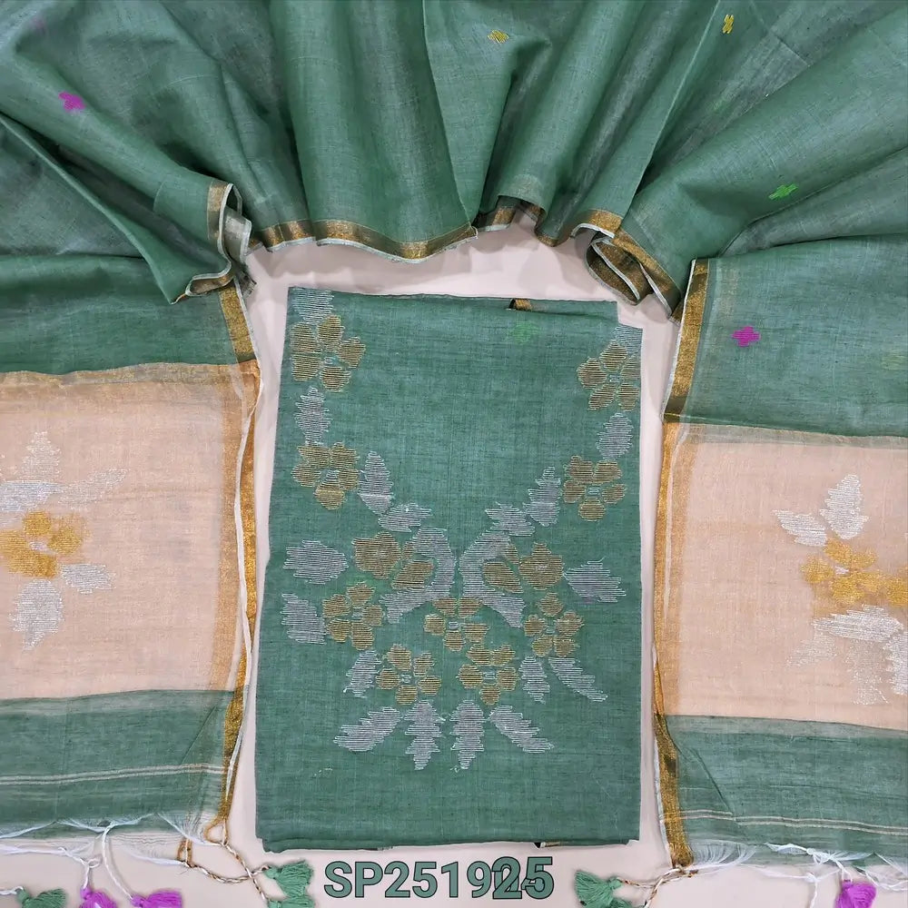 Light Sage Green Muslin Jamdani unstitched salwar material, Weaving yoke (Thin, Lining Needed) NO BOTTOM, Jamdani woven full length dupatta with paithani weaving on pallu and handamde tassels. SP251925