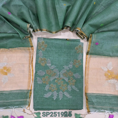 Light Sage Green Muslin Jamdani unstitched salwar material, Weaving yoke (Thin, Lining Needed) NO BOTTOM, Jamdani woven full length dupatta with paithani weaving on pallu and handamde tassels. SP251925