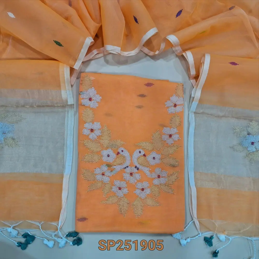 Peach Muslin Jamdani unstitched salwar material, Weaving yoke (Thin, Lining Needed) NO BOTTOM, Jamdani woven full length dupatta with paithani weaving on pallu and handamde tassels. SP251905