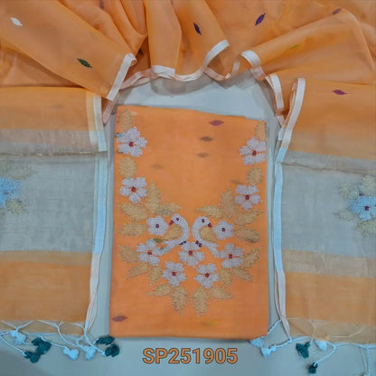 Peach Muslin Jamdani unstitched salwar material, Weaving yoke (Thin, Lining Needed) NO BOTTOM, Jamdani woven full length dupatta with paithani weaving on pallu and handamde tassels. SP251905