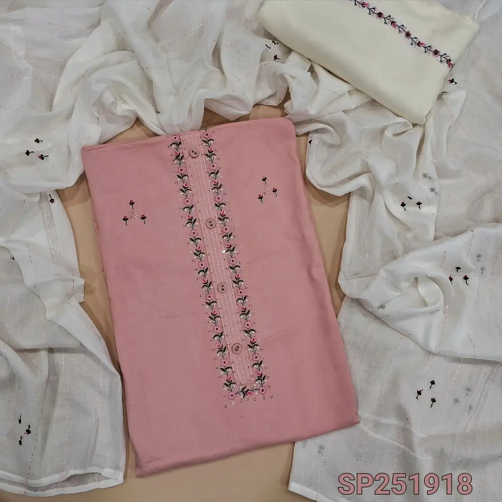 Pink liquid fabric unstitched salwar material, embroidery work on yoke and front, Half white bottom with embroidery and embroidered mul cotton dupatta. SP251918