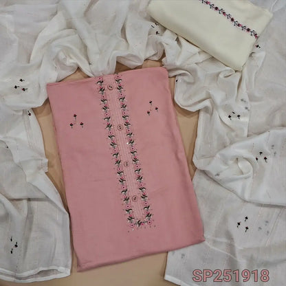 Pink liquid fabric unstitched salwar material, embroidery work on yoke and front, Half white bottom with embroidery and embroidered mul cotton dupatta. SP251918