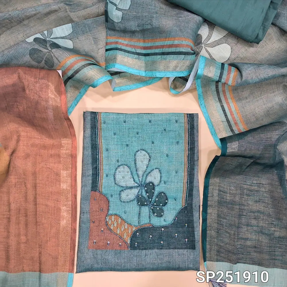 Pastel Blue tissue silk cotton digital printed unstitched salwar material, bead  work on yoke (Lining Needed, textured) Matching silky bottom, tissue silk cotton printed dupatta with gold tissue bordered. SP251910