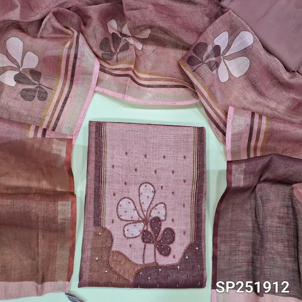 Onion Pink tissue silk cotton digital printed unstitched salwar material, bead work on yoke (Lining Needed, textured) Matching silky bottom, tissue silk cotton printed dupatta with gold tissue bordered. SP251912