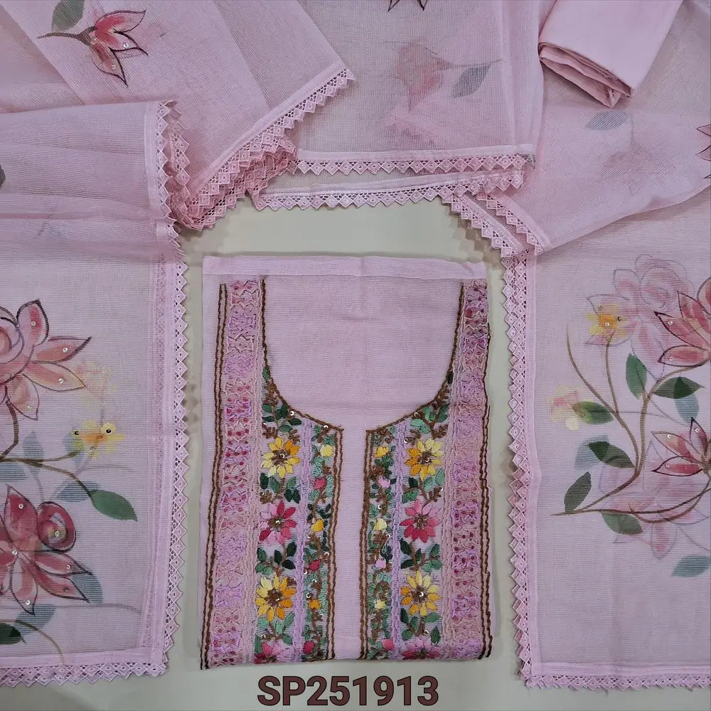 Pastel Pink premium supernet unstitched salwar material, Hand embroidery work on yoke (Thin, Lining Needed) Matching drum dyed lining provided, NO BOTTOM, Premium supernet Full Length Dupatta with hand brushpaint and embroidery work. SP251913
