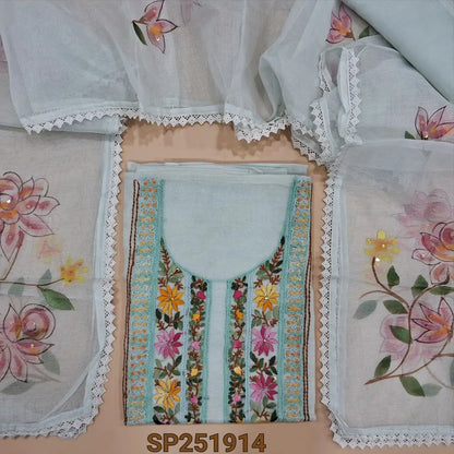 Pale Blue premium supernet unstitched salwar material, Hand embroidery work on yoke (Thin, Lining Needed) Matching drum dyed lining provided, NO BOTTOM, Premium supernet Full Length Dupatta with hand brushpaint and embroidery work. SP251914