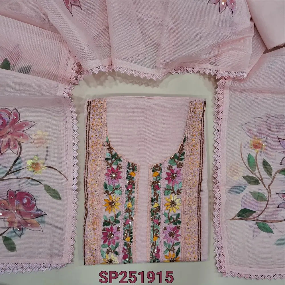 Light Pastel Pink premium supernet unstitched salwar material, Hand embroidery work on yoke (Thin, Lining Needed) Matching drum dyed lining provided, NO BOTTOM, Premium supernet Full Length Dupatta with hand brushpaint and embroidery work. SP251915