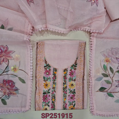 Light Pastel Pink premium supernet unstitched salwar material, Hand embroidery work on yoke (Thin, Lining Needed) Matching drum dyed lining provided, NO BOTTOM, Premium supernet Full Length Dupatta with hand brushpaint and embroidery work. SP251915