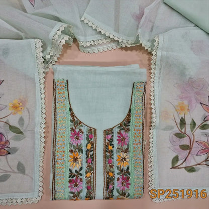 Light Sea Green premium supernet unstitched salwar material, Hand embroidery work on yoke (Thin, Lining Needed) Matching drum dyed lining provided, NO BOTTOM, Premium supernet Full Length Dupatta with hand brushpaint and embroidery work. SP251916