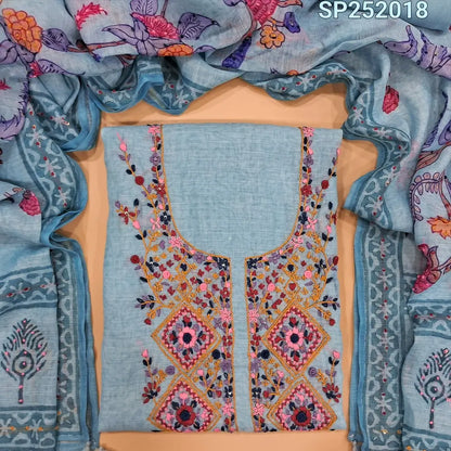 Pastel Blue printed premium linen unstitched salwar material, hand embroidery work on yoke (Textured, Lining Needed) Matching Santoon Bottom, Colorful printed dupatta with heavy hand embroidery Detailing . SP242018