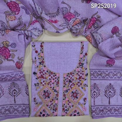 Lavender printed premium linen unstitched salwar material, hand embroidery work on yoke (Textured, Lining Needed) Matching Santoon Bottom, Colorful printed dupatta with heavy hand embroidery Detailing . SP242019