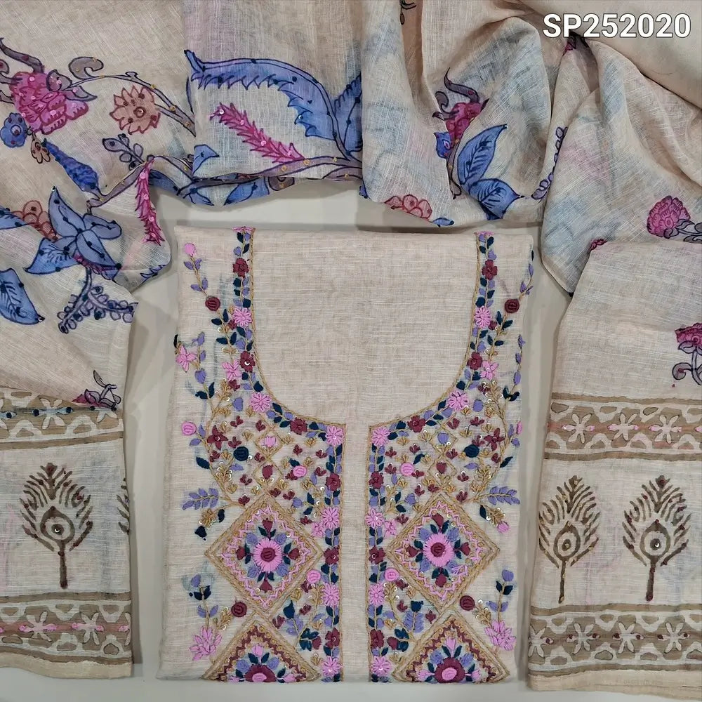 Light Beige printed premium linen unstitched salwar material, hand embroidery work on yoke (Textured, Lining Needed) Matching Santoon Bottom, Colorful printed dupatta with heavy hand embroidery Detailing . SP242020