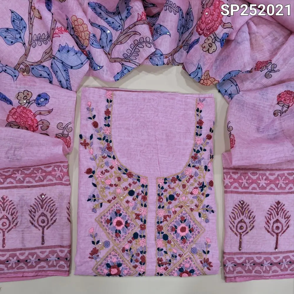 Pastel pink printed premium linen unstitched salwar material, hand embroidery work on yoke (Textured, Lining Needed) Matching Santoon Bottom, Colorful printed dupatta with heavy hand embroidery Detailing . SP242021