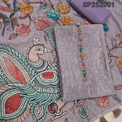 Light Purple with golden tint tissue silk unstitched salwar material, Simple Yoke (Thin, Lining Needed) Matching santoon bottom, Designer tissue silk dupatta with premium art silk applique work highlighted with embroidery detailing. SP252001