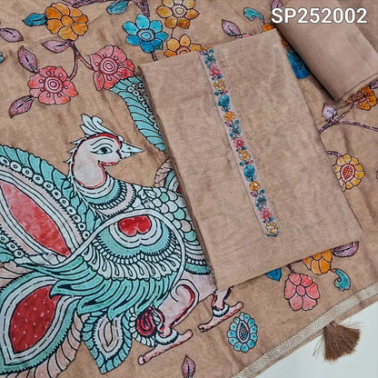 Light Brown with golden tint tissue silk unstitched salwar material, Simple Yoke (Thin, Lining Needed) Matching santoon bottom, Designer tissue silk dupatta with premium art silk applique work highlighted with embroidery detailing. SP252002
