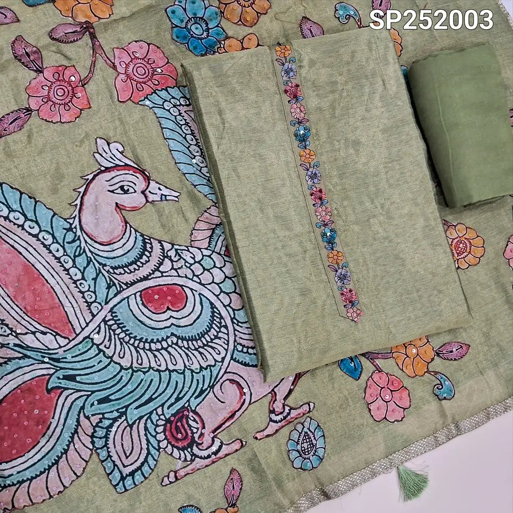Pastel Green with golden tint tissue silk unstitched salwar material, Simple Yoke (Thin, Lining Needed) Matching santoon bottom, Designer tissue silk dupatta with premium art silk applique work highlighted with embroidery detailing. SP252003