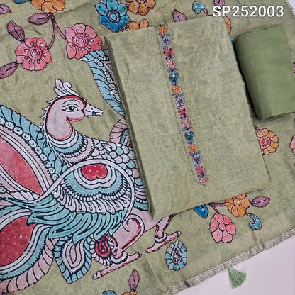Pastel Green with golden tint tissue silk unstitched salwar material, Simple Yoke (Thin, Lining Needed) Matching santoon bottom, Designer tissue silk dupatta with premium art silk applique work highlighted with embroidery detailing. SP252003
