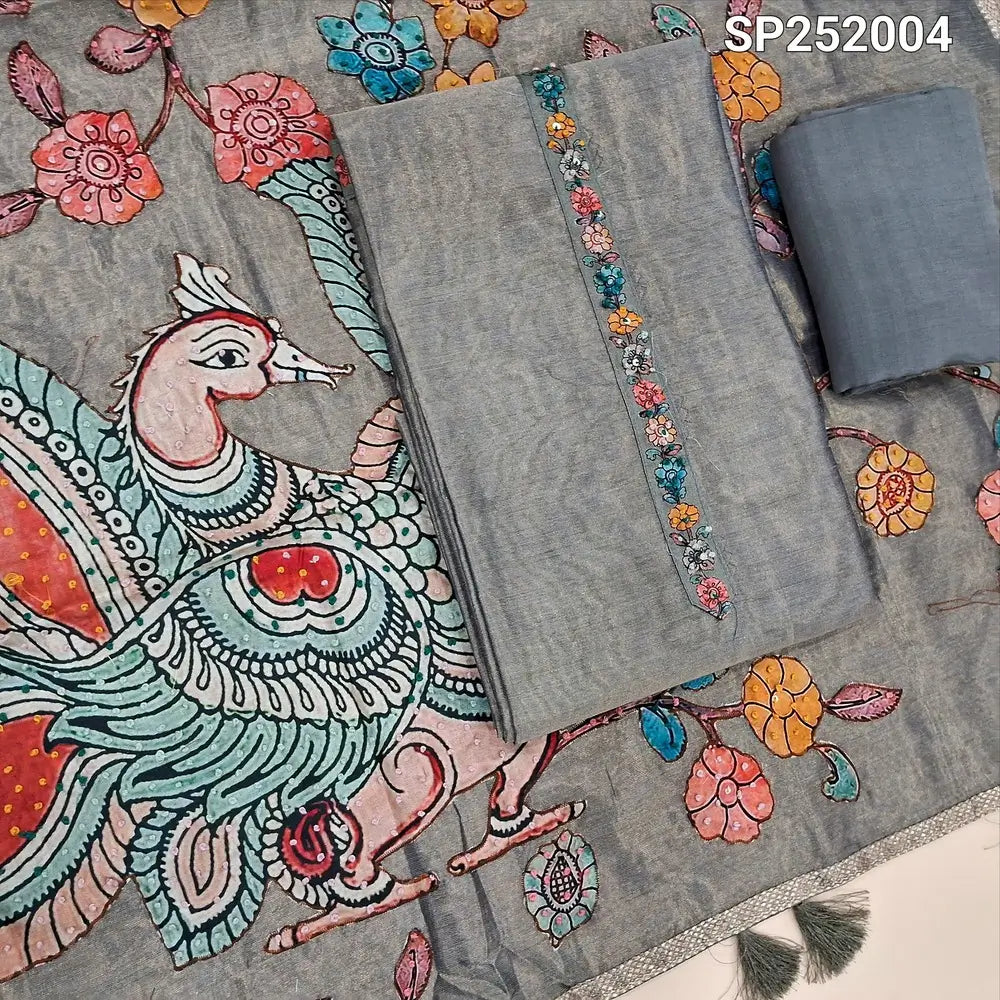 Grey with golden tint tissue silk unstitched salwar material, Simple Yoke (Thin, Lining Needed) Matching santoon bottom, Designer tissue silk dupatta with premium art silk applique work highlighted with embroidery detailing. SP252004