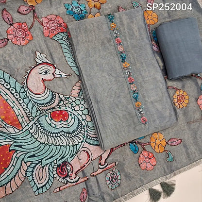 Grey with golden tint tissue silk unstitched salwar material, Simple Yoke (Thin, Lining Needed) Matching santoon bottom, Designer tissue silk dupatta with premium art silk applique work highlighted with embroidery detailing. SP252004