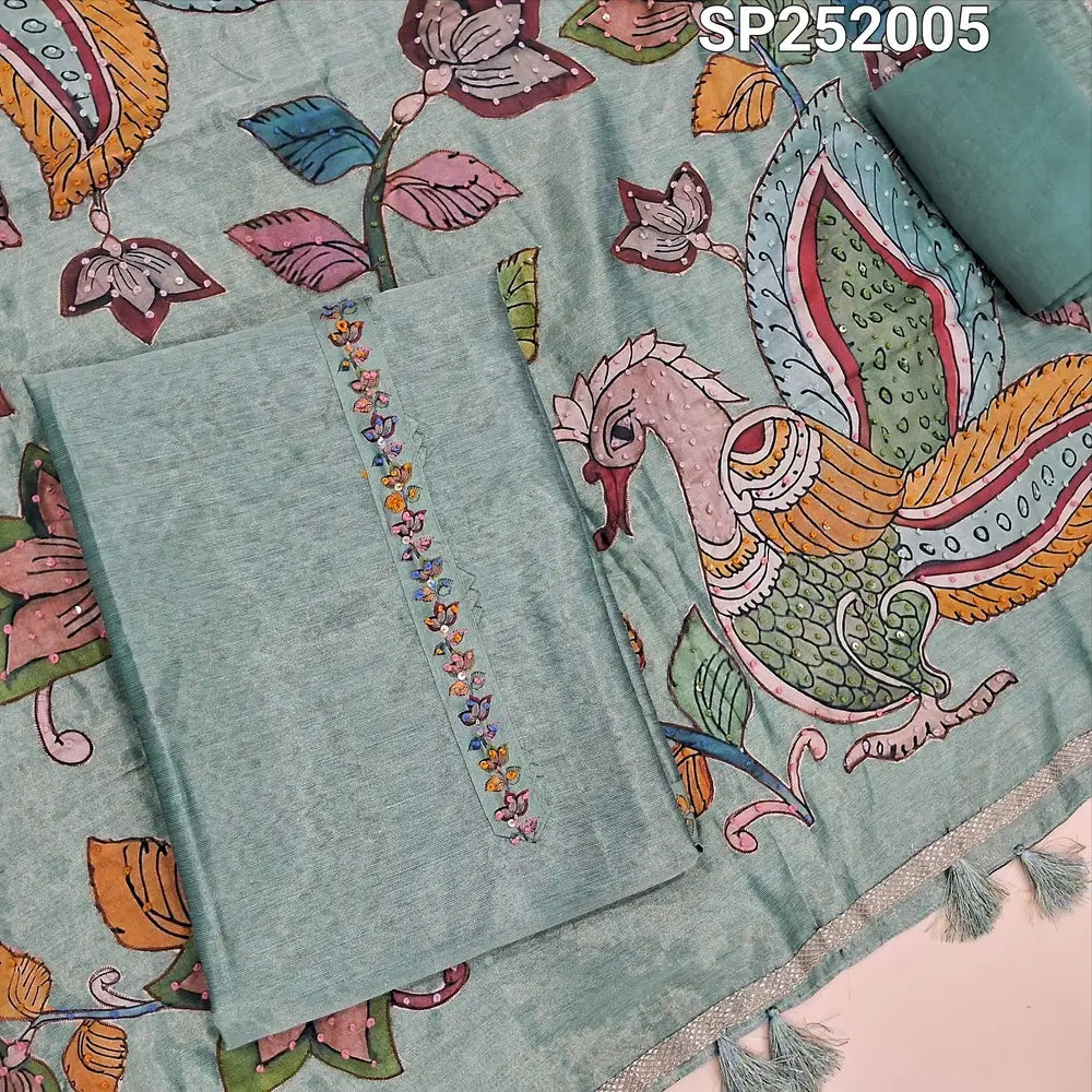 Pastel Blue with golden tint tissue silk unstitched salwar material, Simple Yoke (Thin, Lining Needed) Matching santoon bottom, Designer tissue silk dupatta with premium art silk applique work highlighted with embroidery detailing. SP252005