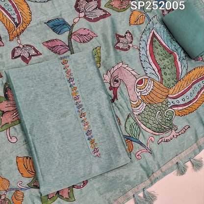 Pastel Blue with golden tint tissue silk unstitched salwar material, Simple Yoke (Thin, Lining Needed) Matching santoon bottom, Designer tissue silk dupatta with premium art silk applique work highlighted with embroidery detailing. SP252005