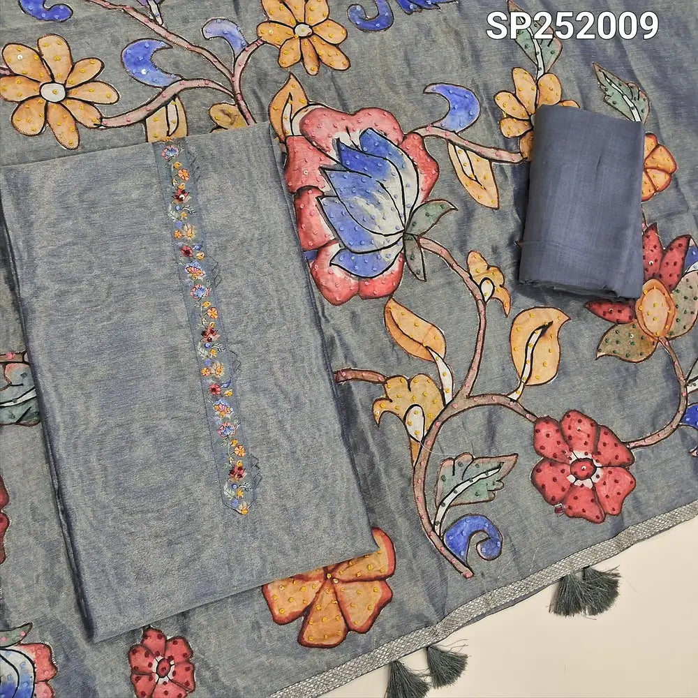 Grey with golden tint tissue silk unstitched salwar material, Simple Yoke (Thin, Lining Needed) Matching santoon bottom, Designer tissue silk dupatta with premium art silk applique work highlighted with embroidery detailing. SP252009