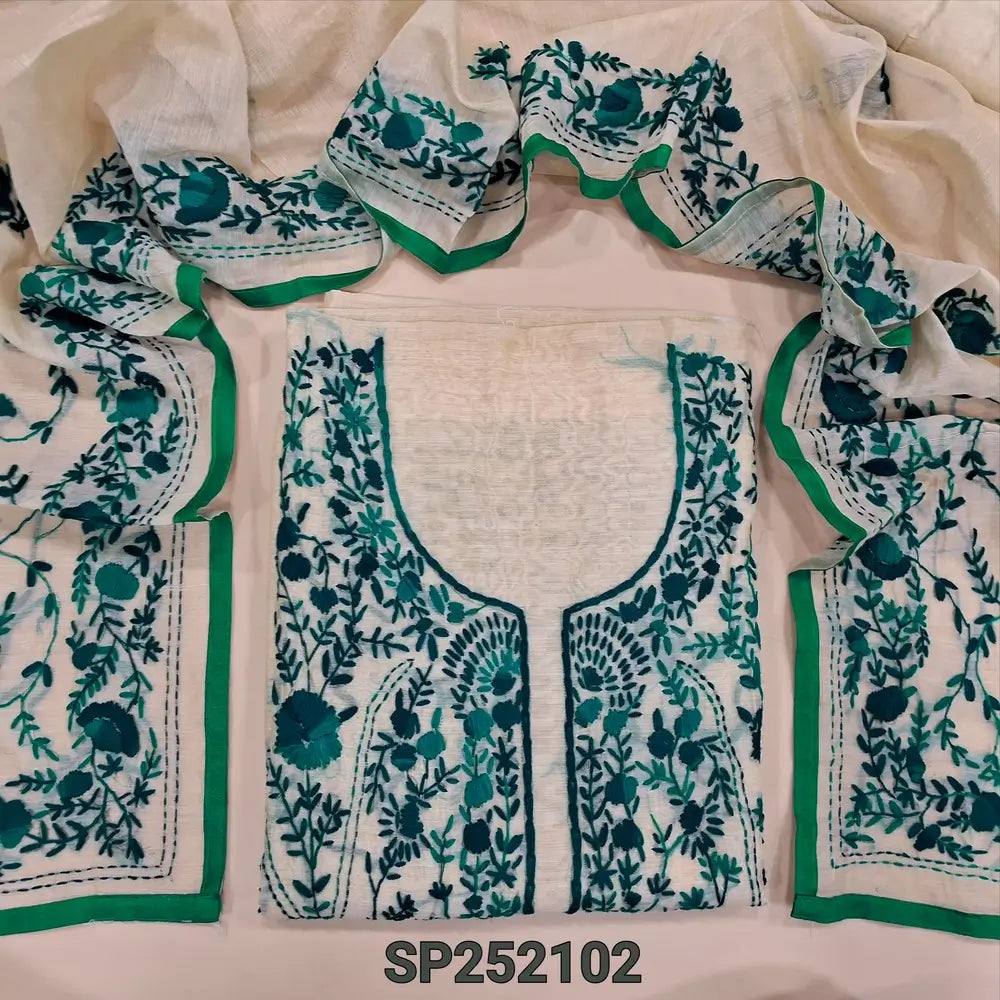 Light beige designer premium silk cotton unstitched salwar material, heavy hand embroidery on front(lining needed) Beige santoon bottom, rich hand embroidered premium silk cotton dupatta with tapings. SP2521022