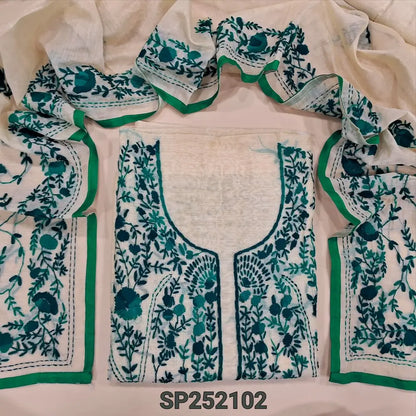 Light beige designer premium silk cotton unstitched salwar material, heavy hand embroidery on front(lining needed) Beige santoon bottom, rich hand embroidered premium silk cotton dupatta with tapings. SP2521022