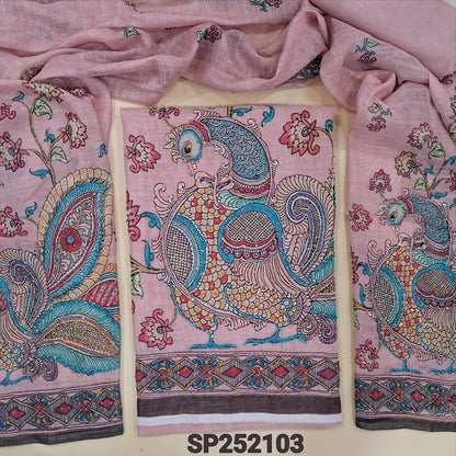 Pastel pink premium linen kalamkari printed unstitched salwar material (textured, lining needed) rich hand embroidery work on daman, matching santoon bottom, kalamkari printed premium linen dupatta with rich embroidery. SP252103