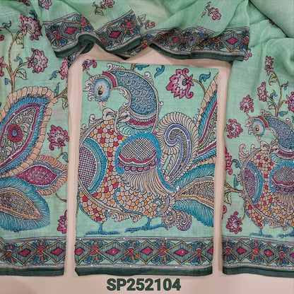 Pastel green premium linen kalamkari printed unstitched salwar material (textured, lining needed) rich hand embroidery work on daman, matching santoon bottom, kalamkari printed premium linen dupatta with rich embroidery. SP252104