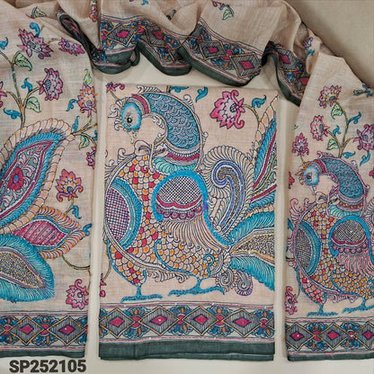 Rich beige premium linen kalamkari printed unstitched salwar material (textured, lining needed) rich hand embroidery work on daman, matching santoon bottom, kalamkari printed premium linen dupatta with rich embroidery. SP252105