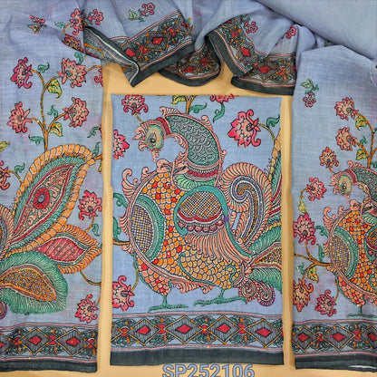 Powder blue premium linen kalamkari printed unstitched salwar material (textured, lining needed) rich hand embroidery work on daman, matching santoon bottom, kalamkari printed premium linen dupatta with rich embroidery. SP252106