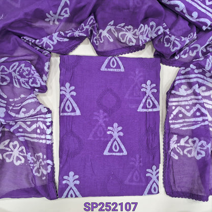 Purple Batik dyed fancy silk cotton unstitched salwar material, batik dye and embroidery work on front(lining needed) batik dyed santoon bottom and fancy silk cotton dupatta. SP252107