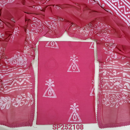 Dark pink Batik dyed fancy silk cotton unstitched salwar material, batik dye and embroidery work on front(lining needed) batik dyed santoon bottom and fancy silk cotton dupatta. SP252108