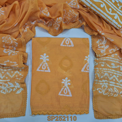 Mango Yellow Batik dyed fancy silk cotton unstitched salwar material, batik dye and embroidery work on front(lining needed) batik dyed santoon bottom and fancy silk cotton dupatta. SP252110