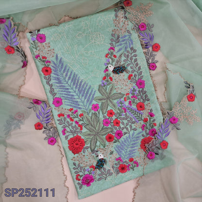 Sea green printed premium silk cotton unstitched salwar material,embroidery and handmade bead work on yoke(thin,lining needed) premium silky bottom,premium organza short width dupatta with embroidery and cutwork on borders. SP252111