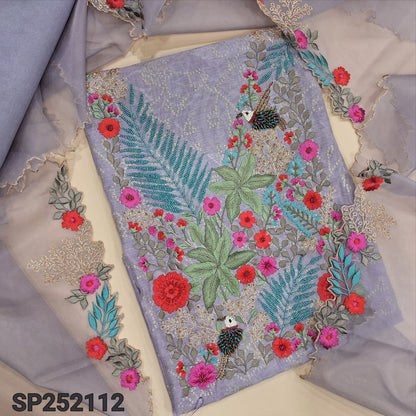 Lavender printed premium silk cotton unstitched salwar material,embroidery and handmade bead work on yoke(thin,lining needed) premium silky bottom,premium organza short width dupatta with embroidery and cutwork on borders. SP252112