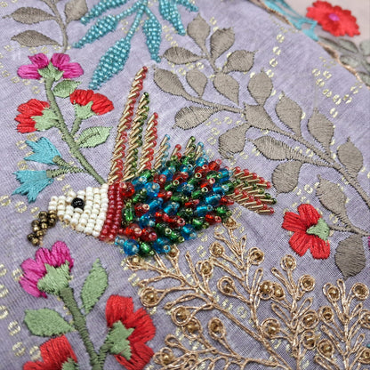 Lavender printed premium silk cotton unstitched salwar material,embroidery and handmade bead work on yoke(thin,lining needed) premium silky bottom,premium organza short width dupatta with embroidery and cutwork on borders. SP252112