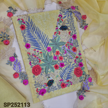 Pastel yellow printed premium silk cotton unstitched salwar material,embroidery and handmade bead work on yoke(thin,lining needed) premium silky bottom,premium organza short width dupatta with embroidery and cutwork on borders. SP252113
