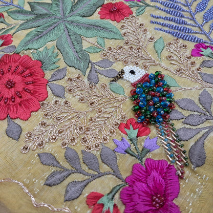 Pastel yellow printed premium silk cotton unstitched salwar material,embroidery and handmade bead work on yoke(thin,lining needed) premium silky bottom,premium organza short width dupatta with embroidery and cutwork on borders. SP252113